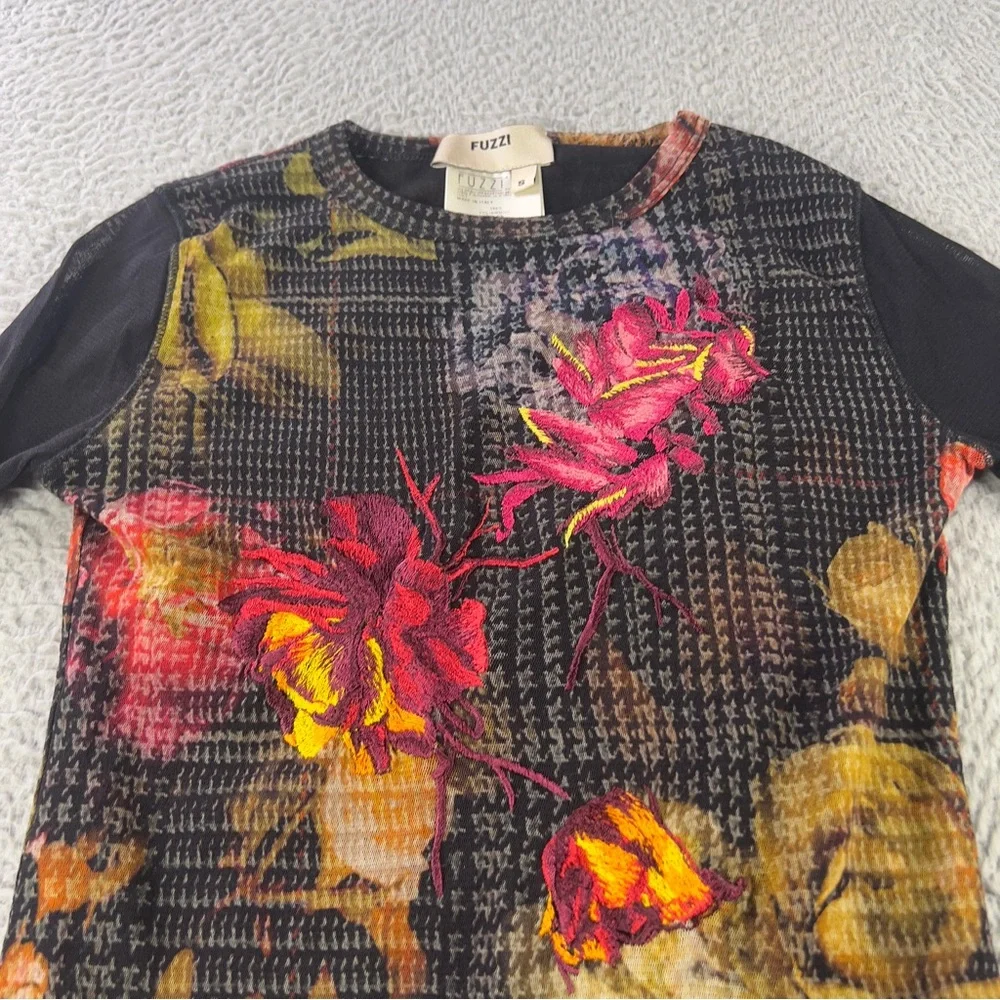 Fuzzi Top Womens Small Multicolor Sheer Long Sleeve Embroidered Floral Italy Y2K - Picture 7 of 8